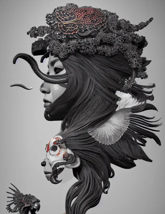 Prompt: 3 d scene of interior modelling goddess close - up profile portrait with ram skull. beautiful intricately detailed japanese crow kitsune mask and clasical japanese kimono. betta fish, jellyfish phoenix, bio luminescent, plasma, ice, water, wind, creature, artwork by tooth wu and wlop and beeple and greg rutkowski