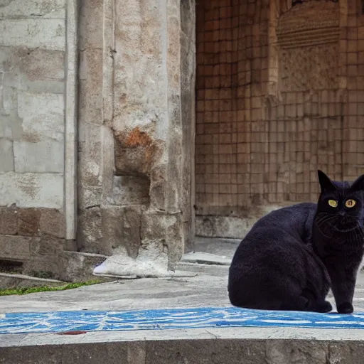 Image similar to A giant cat sitting next to a mosque in Istanbul, daytime, photorealistic, 4K, HD, award winning