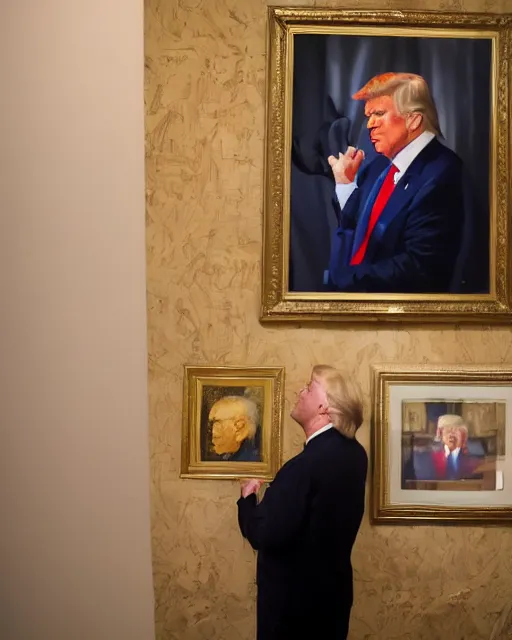 Image similar to a presidential portrait of donald trump in the style caricature artist oil painter sebastian kruger hanging on a wall at mar - a - largo