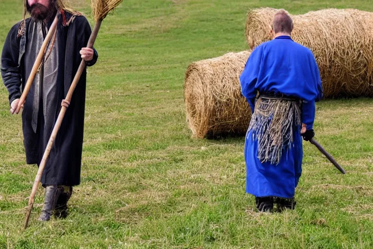 Image similar to man with scythe, medieval art, mowing of the hay, drmatic ligthing, traditional romanian clothes, woodstock festival