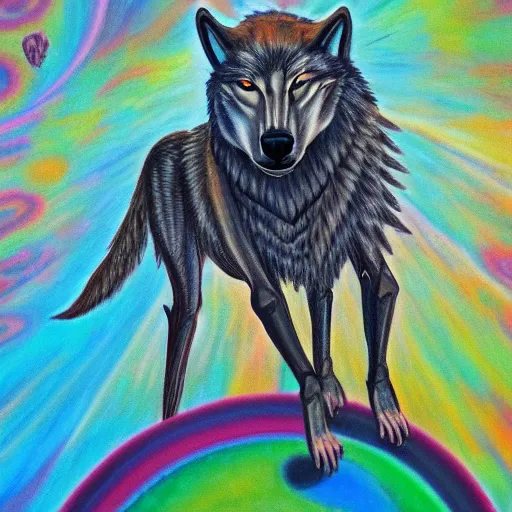 Prompt: an anthromorphic wolf jedi using the force to levitate a sheep, by amanda clark in a psychedelic style, oil on canvas