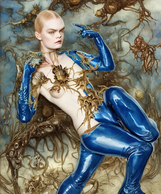 Prompt: a portrait photograph of a fierce mutated transforming hybrid super villian with slimy skin. she looks like elle fanning and is trying on a blue infected bulbous shiny organic catsuit. by donato giancola, hans holbein, walton ford, gaston bussiere, peter mohrbacher and brian froud. 8 k, cgsociety, fashion editorial