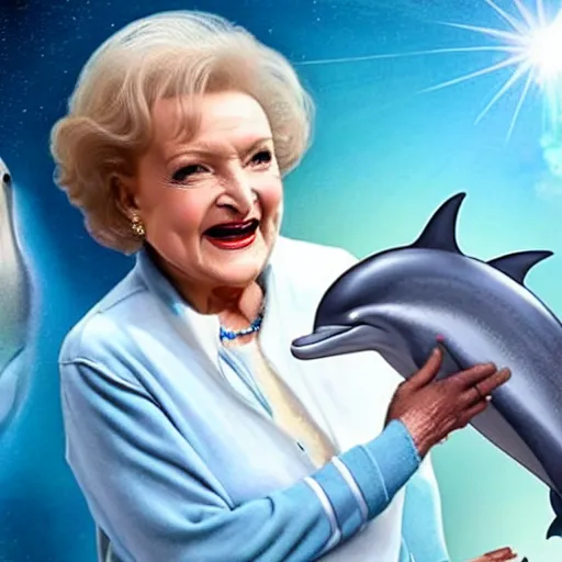 Prompt: betty white straddling a dolphin in space, 2 0 2 1 weta digital