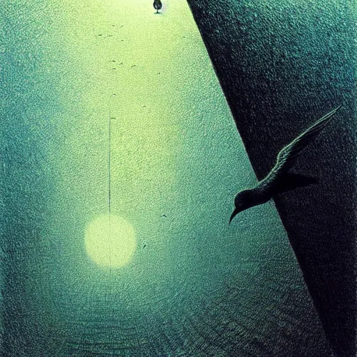 Prompt: flying birds, shining light, by beksinski, shining light, strong perspective, clear geometry, architecture, Award winning. Masterpiece, detailed illustration