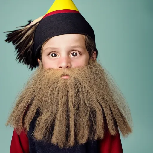 Prompt: photograph of a five year old boy wizard, beard, wizard hat by annie leibovitz, dark hair, deep eyes