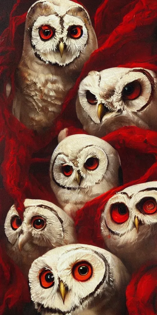 Prompt: a painting of owls, by michael hussar, detailed oil painting, baroque, white and red color scheme