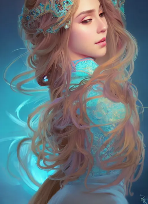 Prompt: beautiful dancer with long turqoise hair, cute, intricate, highly detailed, digital painting, trending on artstation, concept art, smooth, sharp focus, backlit, rim light, vivid colors, illustration, unreal engine 5, 8 k, art by rossdraws and alphonse mucha