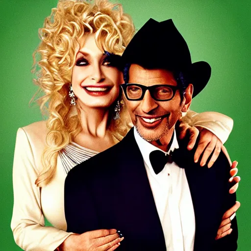 Image similar to romance novel book cover of jeff goldblum and dolly parton