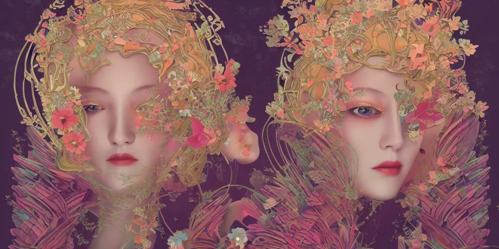 Image similar to breathtaking detailed concept art painting art deco pattern of blonde faces goddesses by hsiao - ron cheng, amalgamation flowers, bizarre compositions, kaleidoscope, exquisite detail, extremely moody lighting, 8 k