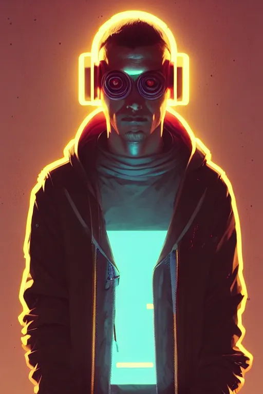 Image similar to cyberpunk synth, hyper - realistic portrait of a man in a hoodie, cyberpunk, by atey ghailan, by greg rutkowski, by greg tocchini, by james gilleard, by joe fenton, by kaethe butcher, dynamic lighting, gradient light blue, brown, blonde cream and white color scheme, grunge aesthetic