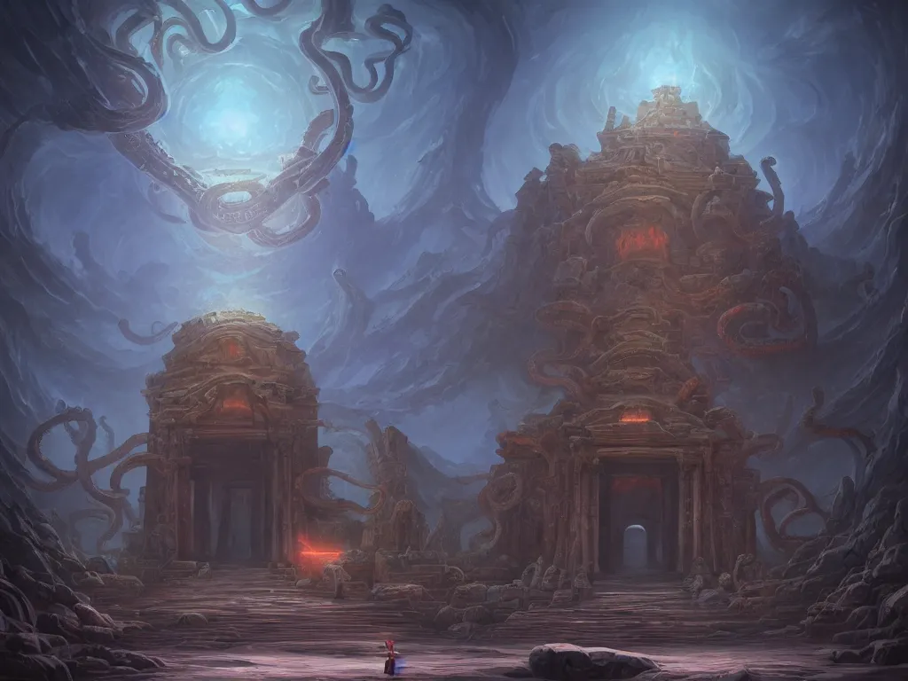 Prompt: A picture of a mysterious ancient temple with a massive entrance with tentacles coming out art by Noah Bradley and Tyler Edlin, ominous, cosmic horror, trending on artstation, Ultra detailed, hyper realistic 4k