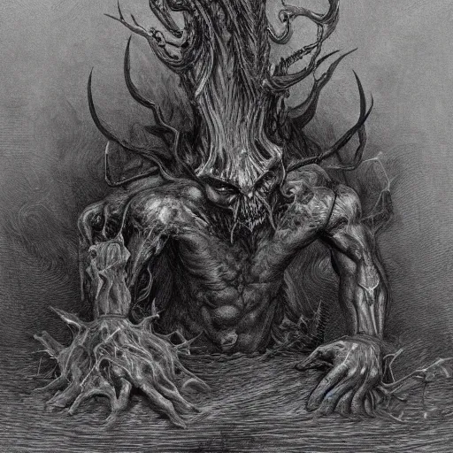 Image similar to full body grayscale drawing by Gustave Dore and Anato Finnstark of horned muscled humanoid demon, 3/4 view from below, engulfed in swirling flames