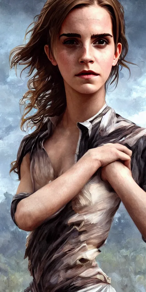 Image similar to clear portrait of emma watson, sinister appearance, ripped clothing, athletic, cottagecore!!, background hyper detailed, character concept, full body, dynamic pose, intricate, elegant, highly detailed, digital painting, artstation, concept art, smooth, sharp focus, illustration, art by artgerm and greg rutkowski and alphonse mucha