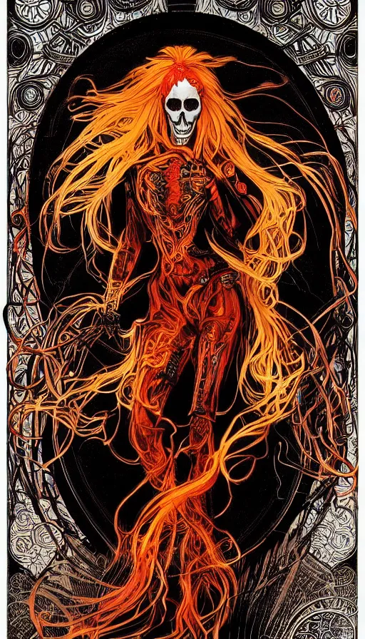 Image similar to a finely detailed beautiful!!! feminine cyberpunk ghost rider with skull face and long flowing hair made of fire and flames, dressed in black leather, by Alphonse Mucha, designed by H.R. Giger, legendary masterpiece, stunning!, saturated colors, black background, full body portrait, centered in image, trending on ArtStation