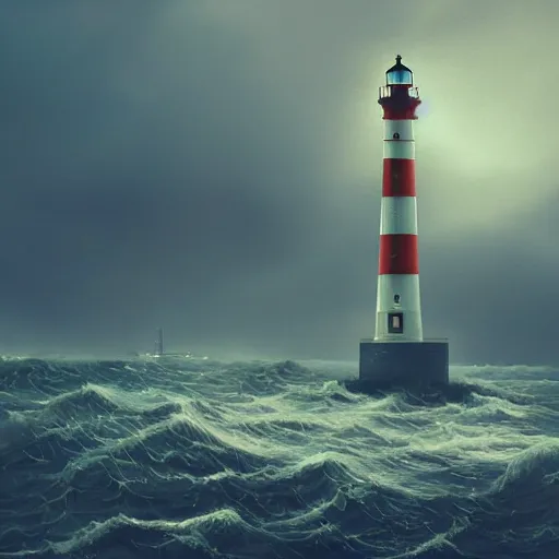 Image similar to lighthouse in a stormy sea, mechanic, robotic, abandoned, overgrown, cables, moody, realistic, concept art by simon stalenhag