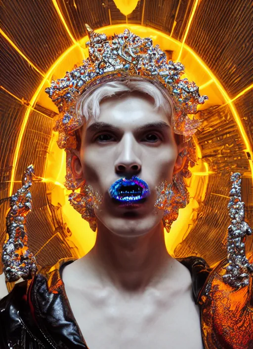 Image similar to photo of baroque and bladerunner delicate neon diamond sculpture of ceramic albino king adrien sahores seductive delicious tongue out, creamy orange iridescent humanoid deity wearing white fluffy hoody holding diamond skull in a black metallic dungeon, reclining, glowing rainbow face, crown of white diamonds, cinematic lighting, photorealistic, octane render 8 k depth of field 3 d