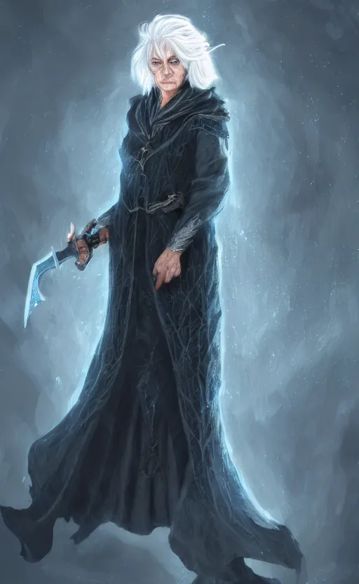 Image similar to an older woman with silver hair and piercing blue eyes. she's wearing a dark, hooded cloak and looks like she knows her way around a sword, dynamic lighting, photorealistic fantasy concept art, trending on art station, stunning visuals, creative, cinematic, ultra detailed