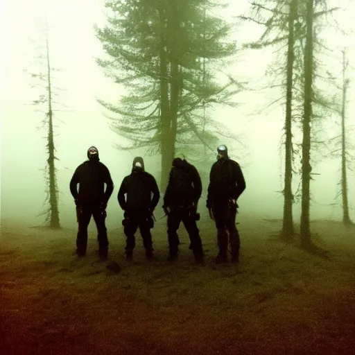 Image similar to low quality iphone photo of the payday 2 videogame crew standing ominously deep in the foggy woods low visibility creepy, grainy, trail cam footage