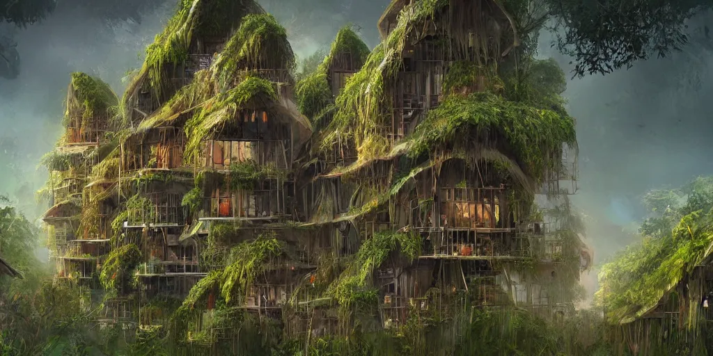 Image similar to long and tall organic houses, village, jungle, artstation, digital art