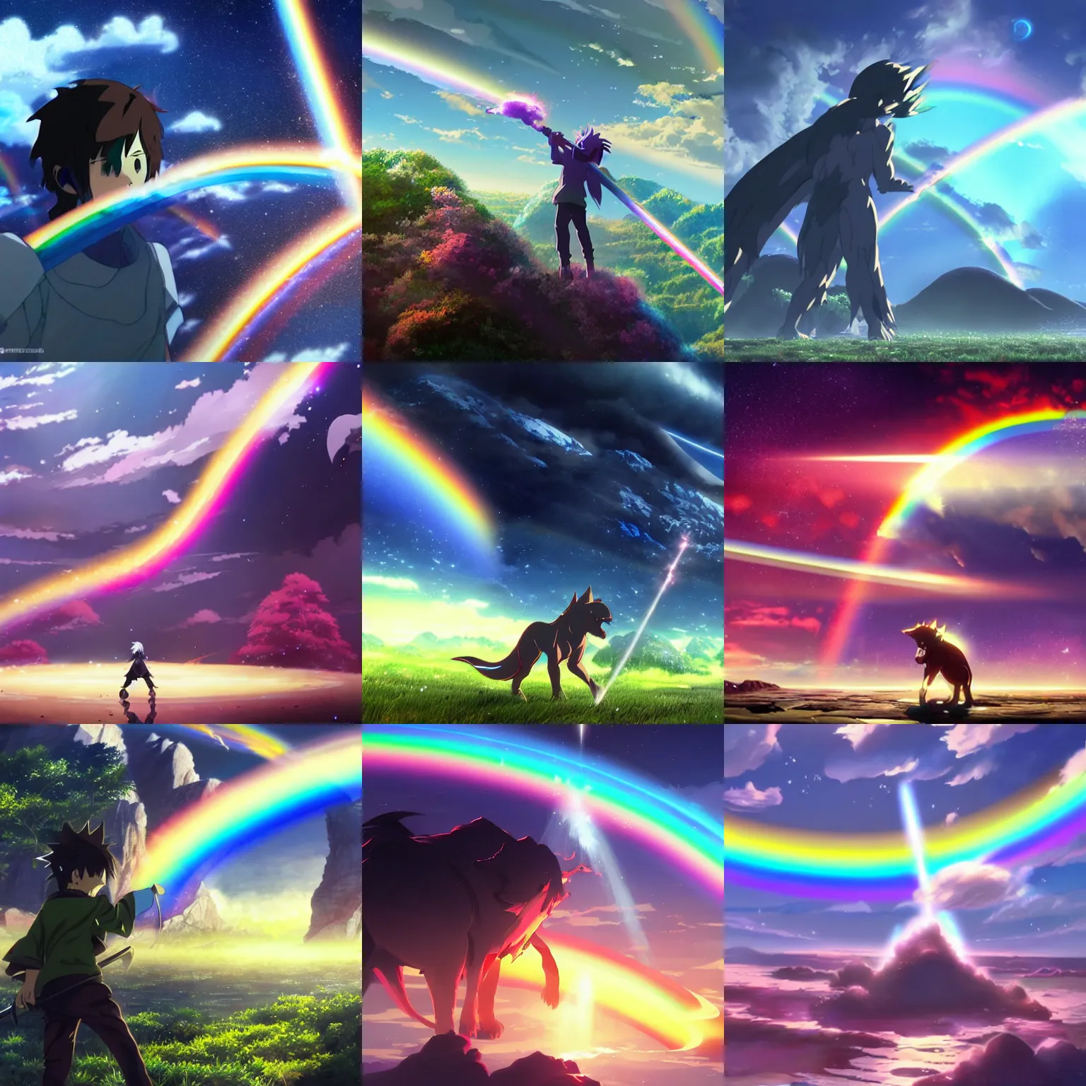 Prompt: planet destroying beast with a rainbow sword by makoto shinkai