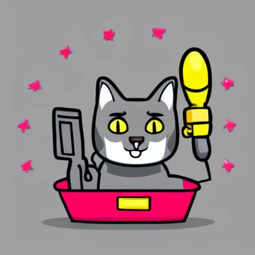 Prompt: cute grey cat holding pistol, comic style, video game, pink background