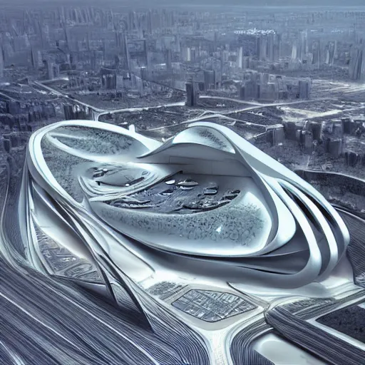 Image similar to futuristic makkah by zaha hadid drawn by Ernst Haekl