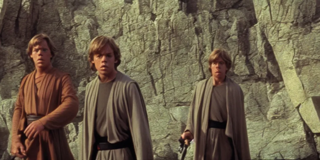 Image similar to screenshot of Luke Skywalker discovers a lost jedi Temple, 1970s sci fi film by Stanely Kubrick film, color kodak, Ektachrome, anamorphic lenses, detailed faces, hyper-realistic, photoreal, detailed portrait, moody cinematography, strange lighting