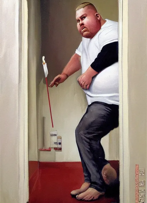 Prompt: painting by phil hale of a chubby white man with a blonde buzzcut and thick stubble wearing a white-tshirt and khakis, slurping through the straw of a big white foam cup, standing at the end of a long dark! hallway with white plaster walls and wood panelled floor in an old house, 'strange architecture'!! streak of red light, disturbing, ominious, lynchian, hd !dream painting by phil hale of a screaming, brutish, ogre-ish jon taffer!!! in a bar, broken glasses and drinks in the background, hulkish, towering, distressing, hd, high quality, visible texture and brush strokes