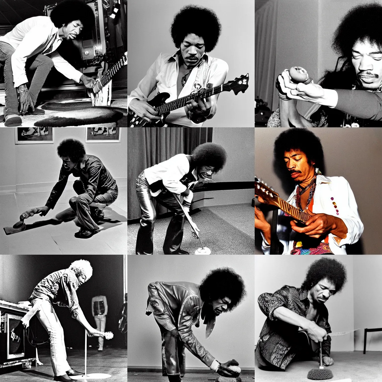 Prompt: jimi hendrix bending over to pick up a small object from the floor