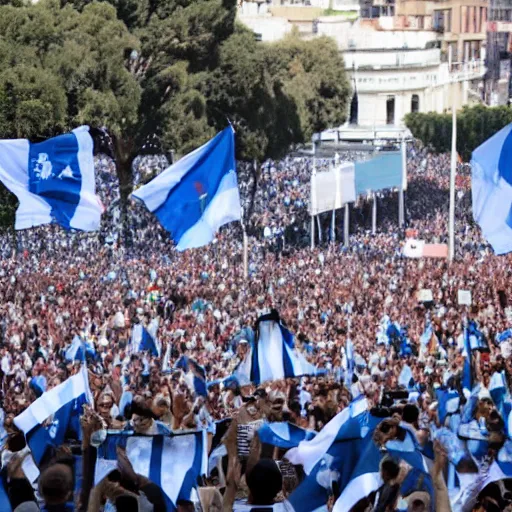 Image similar to Lady Gaga as president, Argentina presidential rally, Argentine flags behind, bokeh, giving a speech, detailed face, Argentina