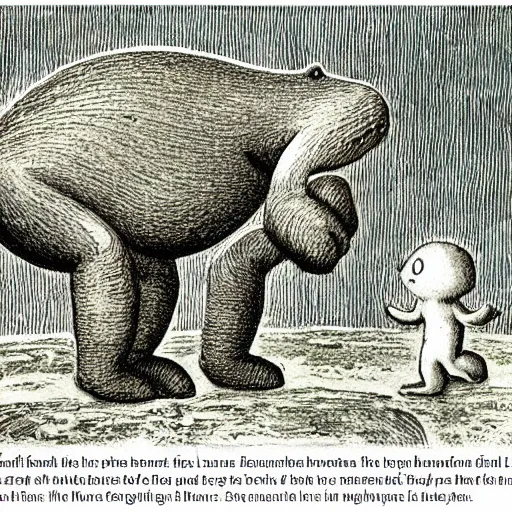 Prompt: life taking its first steps onto land. new life evolutionary ancestor. Ancient creature. Illustrated by Maurice Sendak