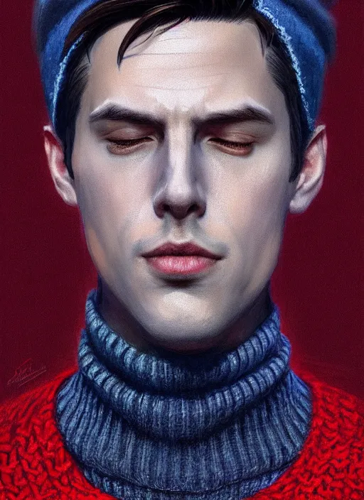 Image similar to portrait of jughead jones, wearing a grey crown, wearing a blue turtleneck sweater, eyes closed, intricate, elegant, glowing lights, highly detailed, digital painting, artstation, concept art, smooth, sharp focus, illustration, art by wlop, mars ravelo and greg rutkowski