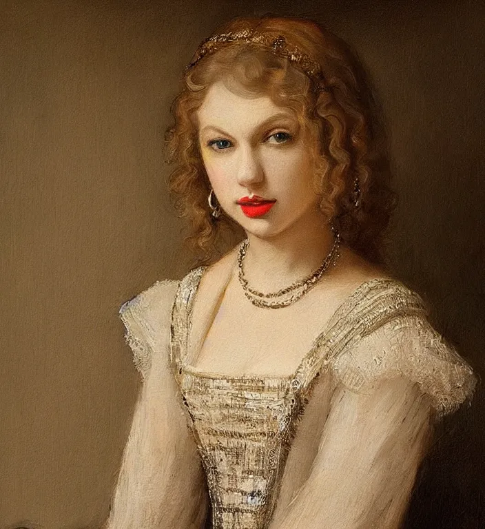 Prompt: an extremely detailed beautiful oil painting of taylor swift! art by rembrandt, portrait, awe inspiring, 1 6 0 0 s fashion, beautiful