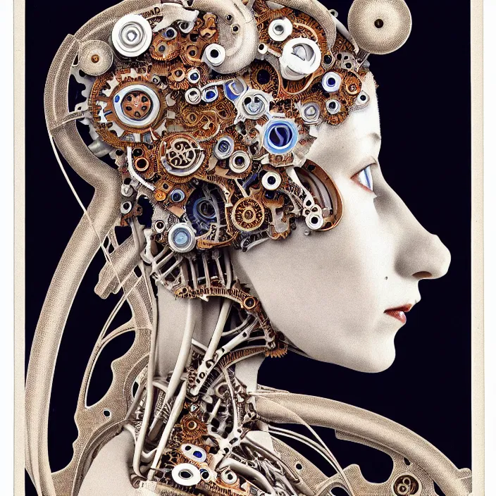 Prompt: biomechanical beautiful young female cyborg with a porcelain profile face, analog, alexander mcqueen, art nouveau fashion embroidered, steampunk, mandelbrot fractal, picture taken in 1 9 3 0