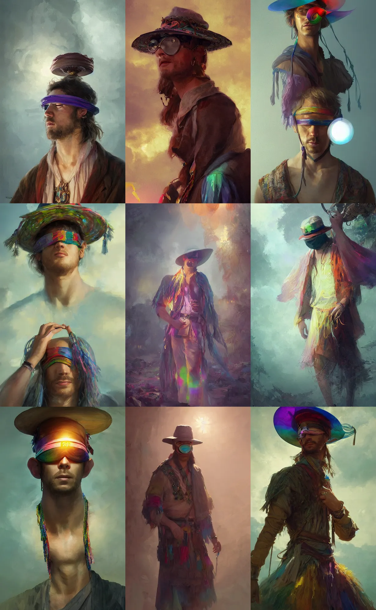 Prompt: portrait of a man wearing a blindfold covering his eyes, rainbow colored tunic, wide brimmed hat with hanging tassels, fantasy, highly detailed, cinematic lighting, digital art painting by greg rutkowski