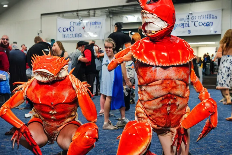 Image similar to cosplayer dressed like a crab, in 2 0 1 8, at a crab convention, royalcore, low - light photograph, photography by tyler mitchell