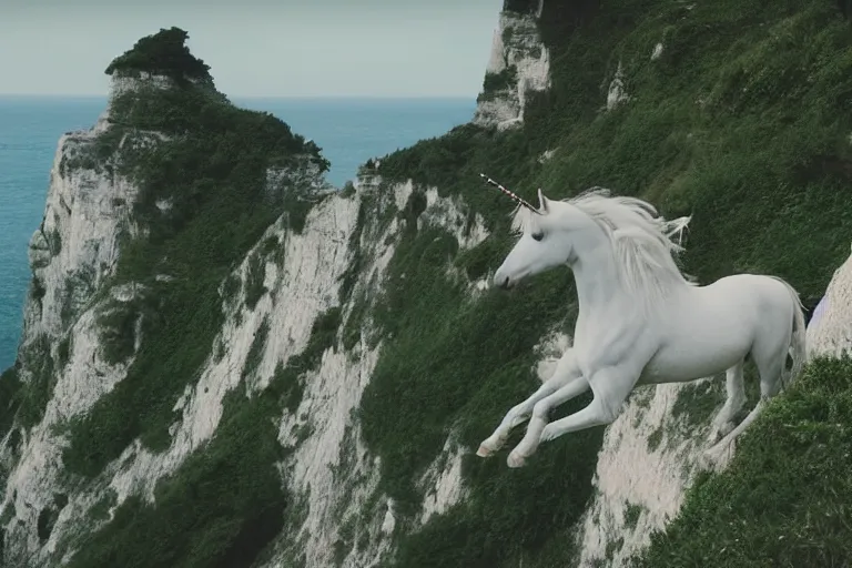 Image similar to beautiful unicorn cliff side 85mm by Emmanuel Lubezki