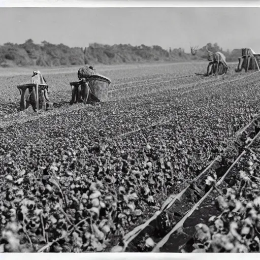 Image similar to robots working in the cotton field , 1824 , old photograph , 4k , HD