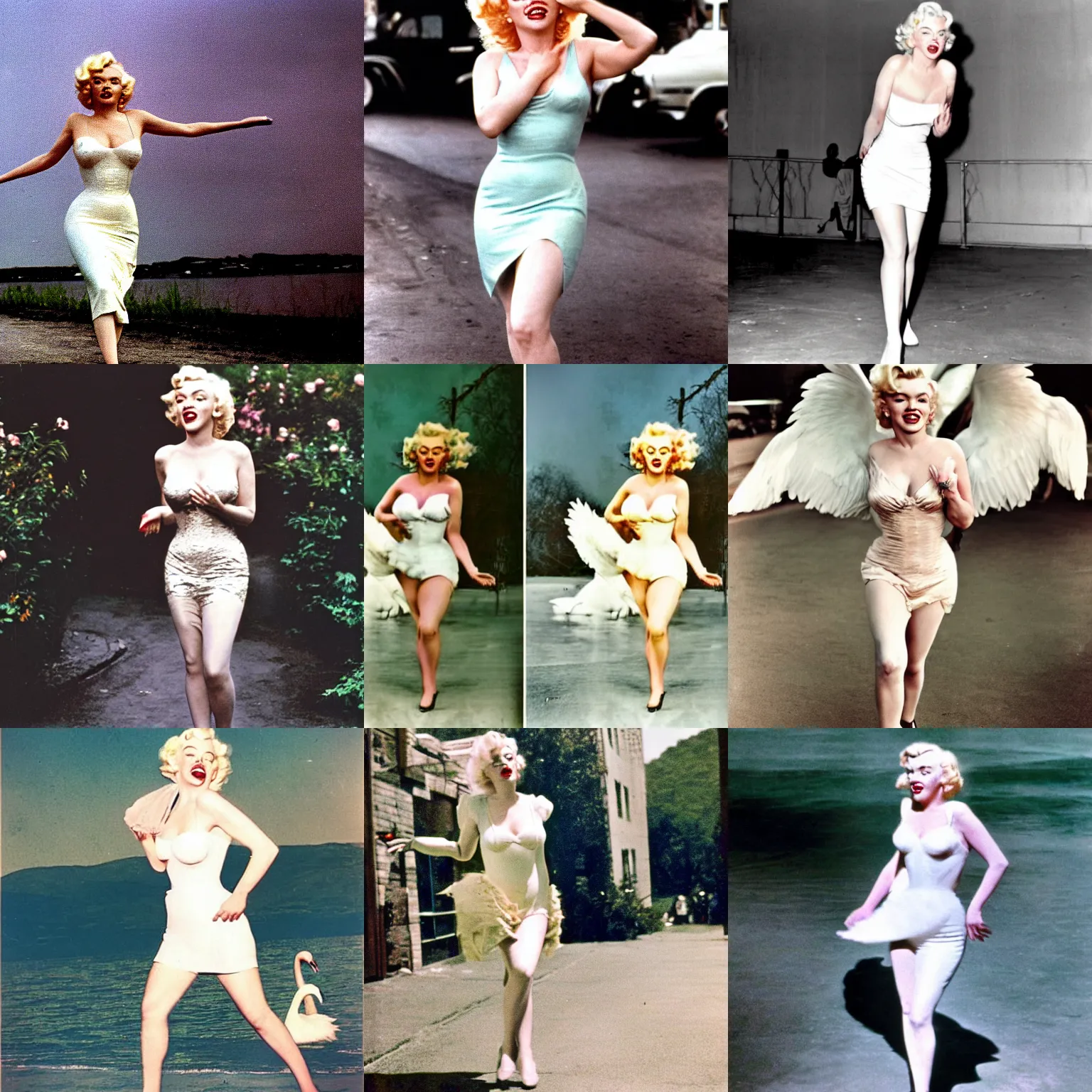 Prompt: Color photo of Marilyn Monroe walking in the style of Leda and the Swan