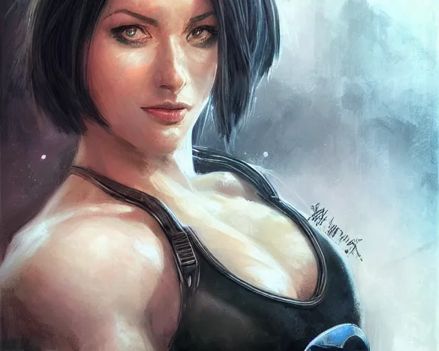 Image similar to portrait of cortana from halo as a beautiful female bodybuilder amazon with plump lips, elegant, fantasy, hd shot, digital portrait, beautiful, artstation, comic style, by artgerm, guy denning, jakub rozalski, magali villeneuve and charlie bowater