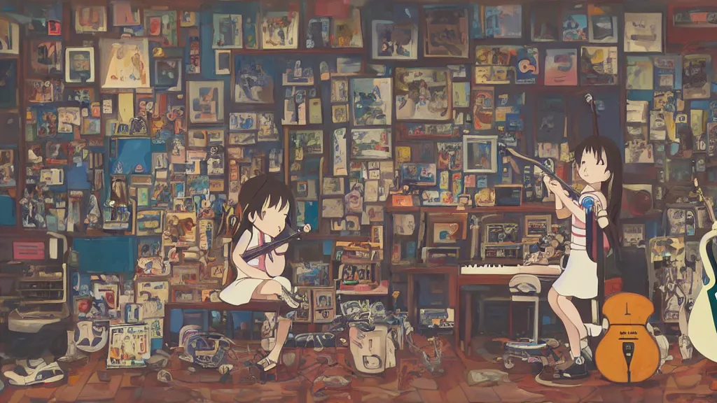 Prompt: studio ghibli, one little girl playing saxophone in the middle of an untidy room full of music instruments everywhere on the floor, real guitars, real bass drums, real saxophones, real sousaphones, standing microphones, real bongos, real congas, real pianos, digital art, studio ghibli, trending on artstation, colours, intricate details