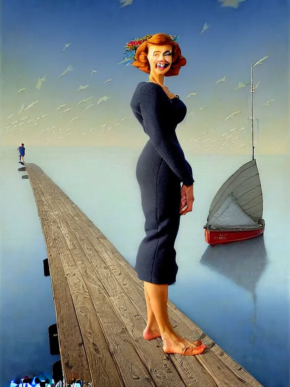 Prompt: a fancy beautiful woman standing on a wharf at the edge of a cold sea by rob gonsalves and vladimir kush and ruth deckard and gil elvgren and harry ekman and george petty and hilo chen and norman rockwell, crisp details, hyperrealism, high detail, high contrast, low light, grey mist, cobblestones, dim lantern