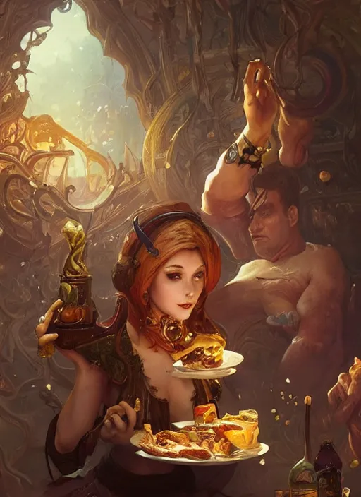 Image similar to sandwich, hamburger, steak, drinks, d & d, fantasy, intricate, elegant, highly detailed, digital painting, artstation, concept art, matte, sharp focus, illustration, hearthstone, art by artgerm, art by greg rutkowski, art by alphonse mucha