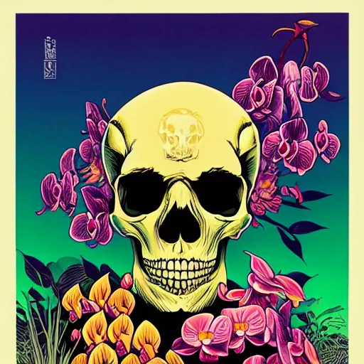 Image similar to ortographic view of a large skull and vivid orchids by Jen Bartel and Dan Mumford and Satoshi Kon, gouache illustration