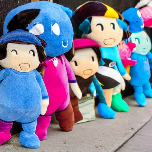 Image similar to blue'snappy gifts'plush doll, on sidewalk, giving gifts to people, happy atmosphere, high detail, soft lighting, 8 k