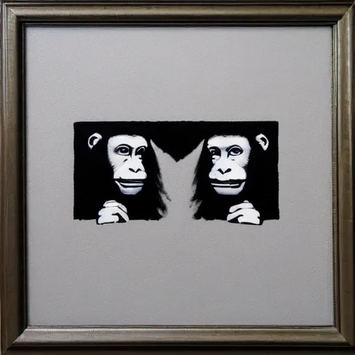 Image similar to ape painting a picture made by banksy, symmetrical facial features,