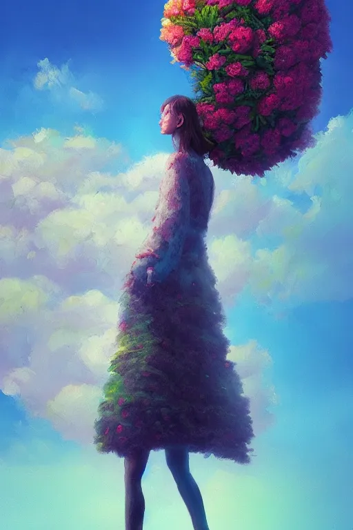 Image similar to closeup, giant flower head, girl standing on cliff, surreal photography, sunrise, blue sky, dramatic light, impressionist painting, digital painting, artstation, simon stalenhag