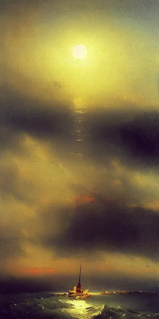 Prompt: oil rig by aivazovsky, oil on canvas, highly detailed, masterpiece painting