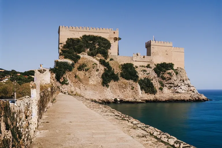 Prompt: 35mm photo of Salobrena castle on the coast of Spain