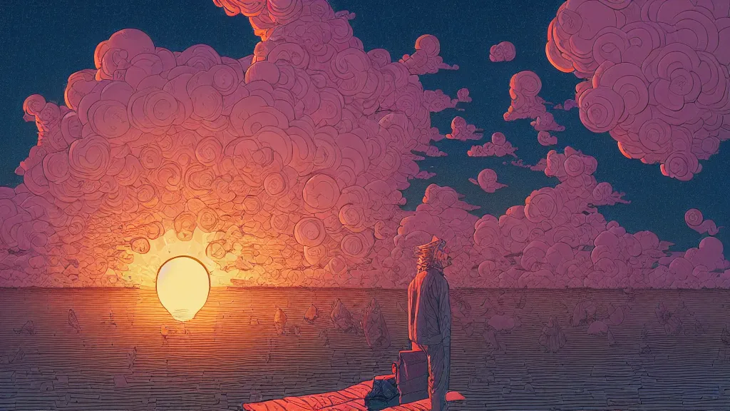 Prompt: highly detailed illustration of an illuminated man floating while facing clouds of gases in a sunset by dan mumford, by moebius, by nico delort, by oliver vernon artist, by joseph moncada, by damon soule, by manabu ikeda, by kilian eng, by kyle hotz, by otomo, 4 k resolution